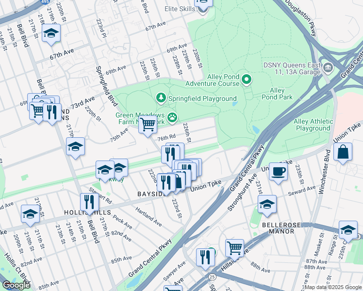map of restaurants, bars, coffee shops, grocery stores, and more near 224-54 77th Avenue in Queens