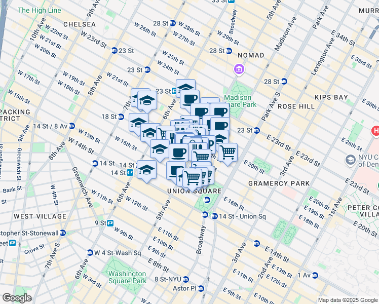 map of restaurants, bars, coffee shops, grocery stores, and more near 130 5th Avenue in New York