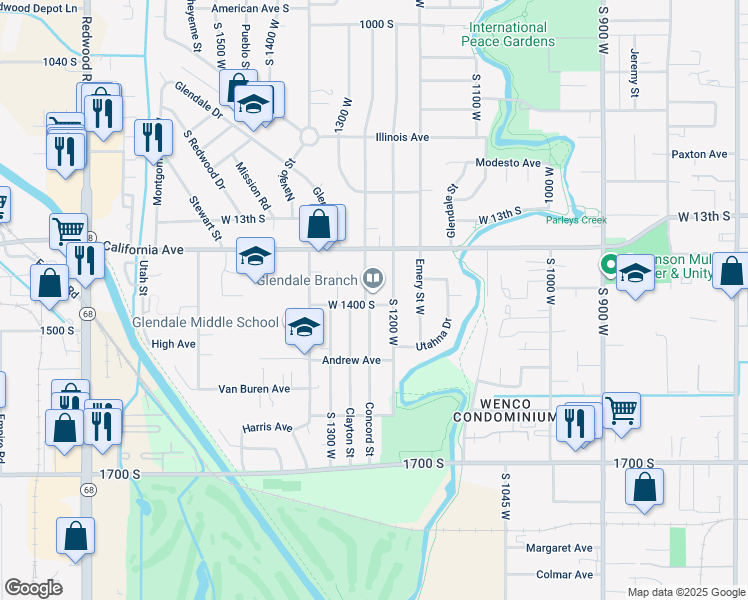 map of restaurants, bars, coffee shops, grocery stores, and more near 1375 Concord Street in Salt Lake City