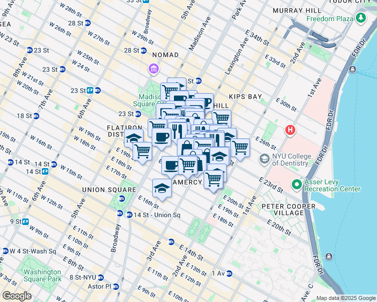 map of restaurants, bars, coffee shops, grocery stores, and more near 133 East 22nd Street in New York