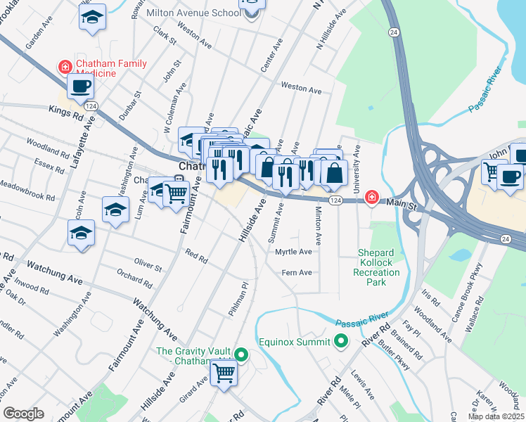 map of restaurants, bars, coffee shops, grocery stores, and more near 32 Summit Avenue in Chatham