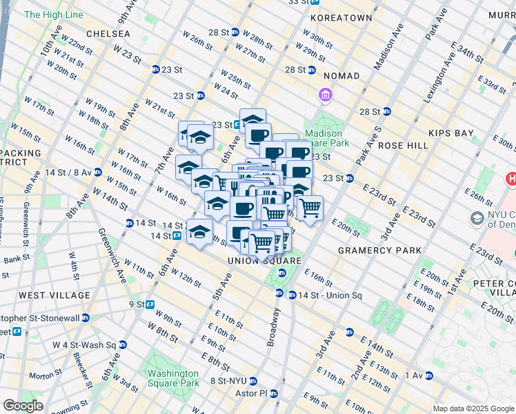 map of restaurants, bars, coffee shops, grocery stores, and more near 130 5th Avenue in New York