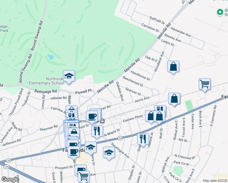 map of restaurants, bars, coffee shops, grocery stores, and more near 43 Balcom Road in Farmingdale