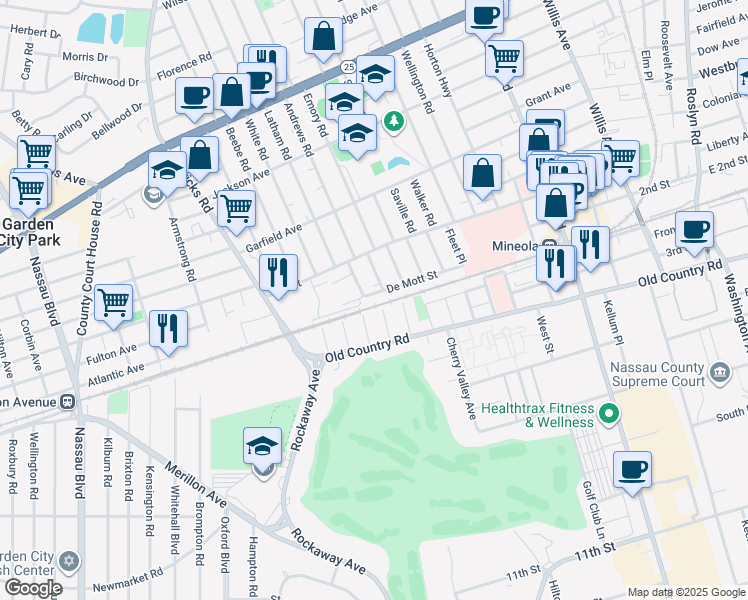 map of restaurants, bars, coffee shops, grocery stores, and more near 62 11th Avenue in Mineola