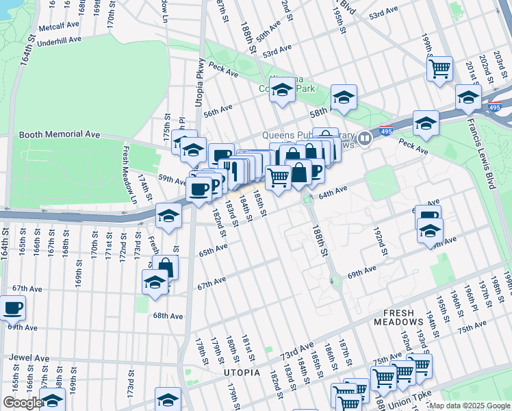 map of restaurants, bars, coffee shops, grocery stores, and more near 61-39 184th Street in Queens