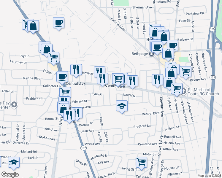 map of restaurants, bars, coffee shops, grocery stores, and more near 34 Scherer Street in Bethpage