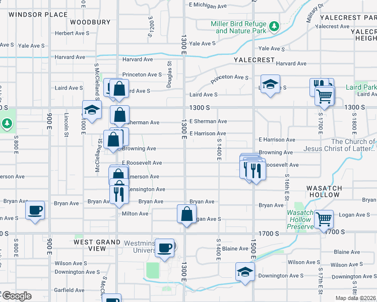 map of restaurants, bars, coffee shops, grocery stores, and more near 1419 South 1300 East in Salt Lake City