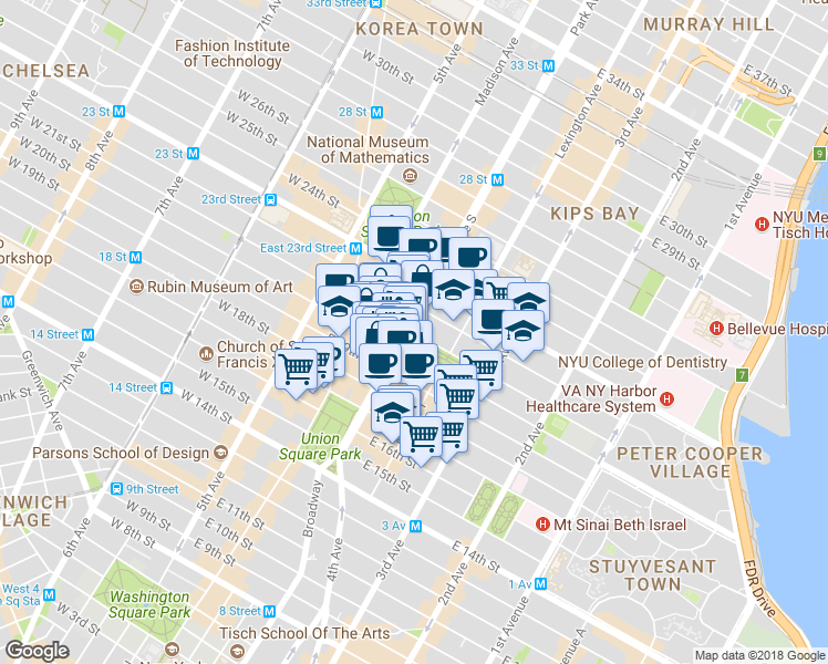 map of restaurants, bars, coffee shops, grocery stores, and more near 117 East 21st Street in New York