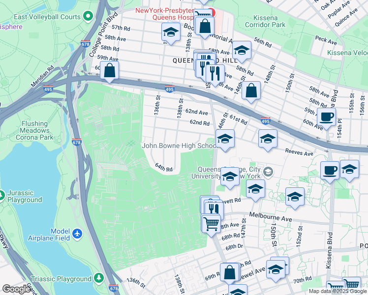map of restaurants, bars, coffee shops, grocery stores, and more near 138-36 64th Avenue in Queens