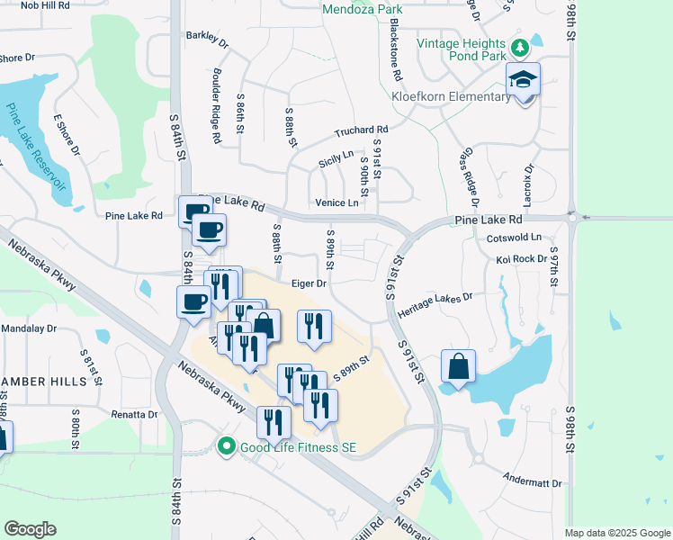 map of restaurants, bars, coffee shops, grocery stores, and more near 7210 South 89th Street in Lincoln
