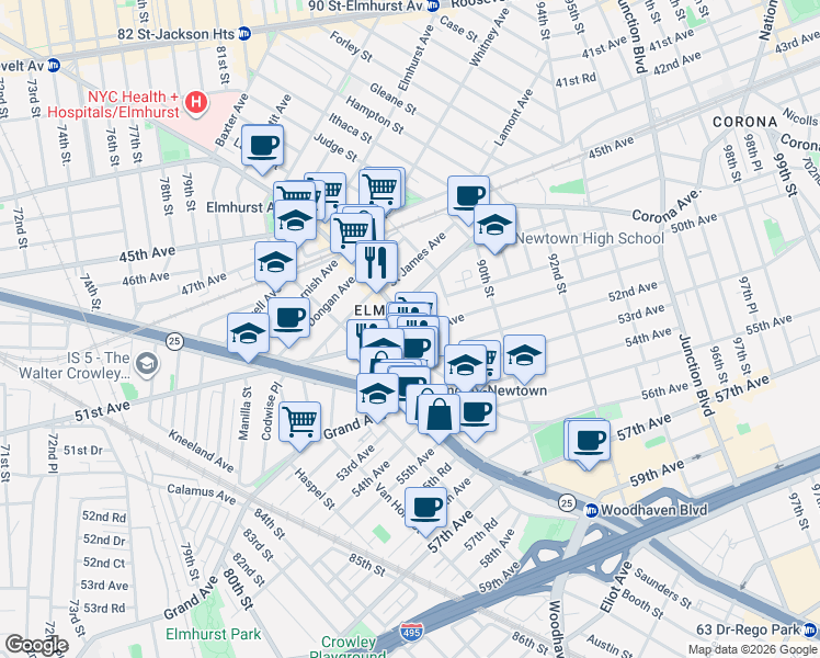 map of restaurants, bars, coffee shops, grocery stores, and more near 85-08 51st Avenue in Queens