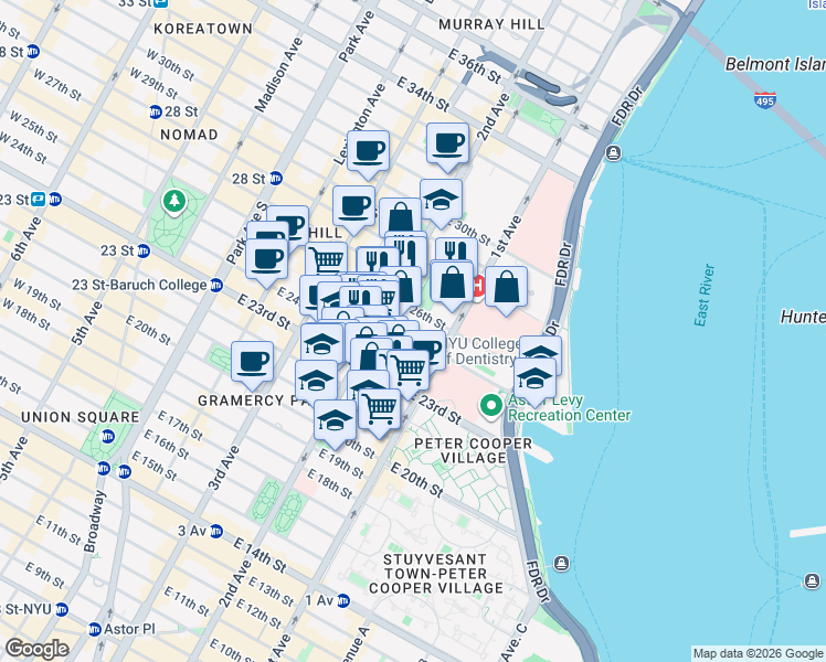 map of restaurants, bars, coffee shops, grocery stores, and more near 321 East 25th Street in New York