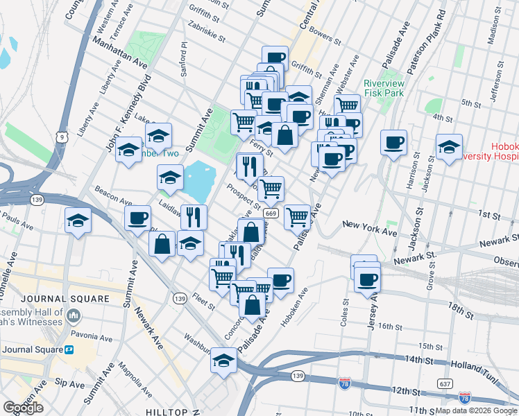 map of restaurants, bars, coffee shops, grocery stores, and more near in Jersey City