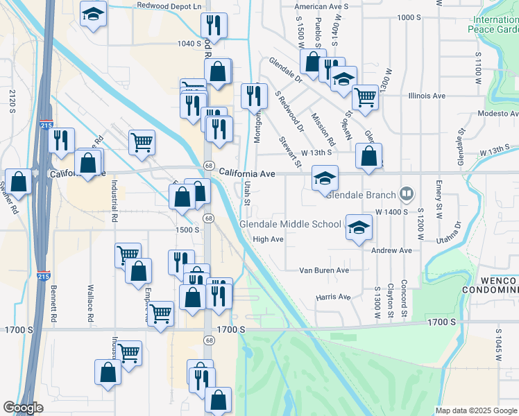 map of restaurants, bars, coffee shops, grocery stores, and more near 1411 Utah Street in Salt Lake City