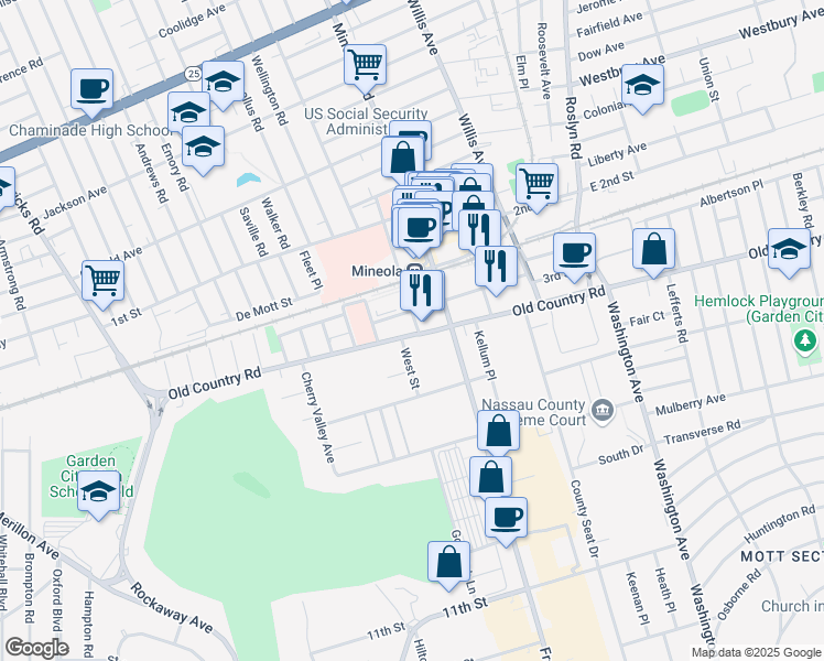 map of restaurants, bars, coffee shops, grocery stores, and more near 242 Old Country Road in Mineola