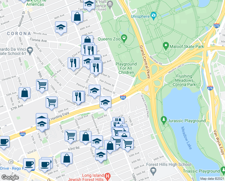 map of restaurants, bars, coffee shops, grocery stores, and more near 58-51 Waldron Street in Queens
