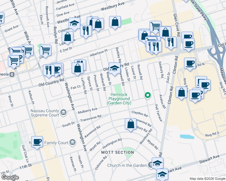 map of restaurants, bars, coffee shops, grocery stores, and more near 19 Maple Street in Garden City