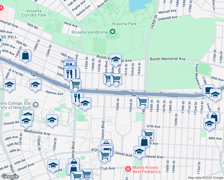 map of restaurants, bars, coffee shops, grocery stores, and more near Horace Harding Expressway & 159th Street in Queens
