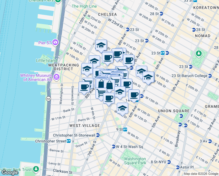 map of restaurants, bars, coffee shops, grocery stores, and more near 220 West 14th Street in New York