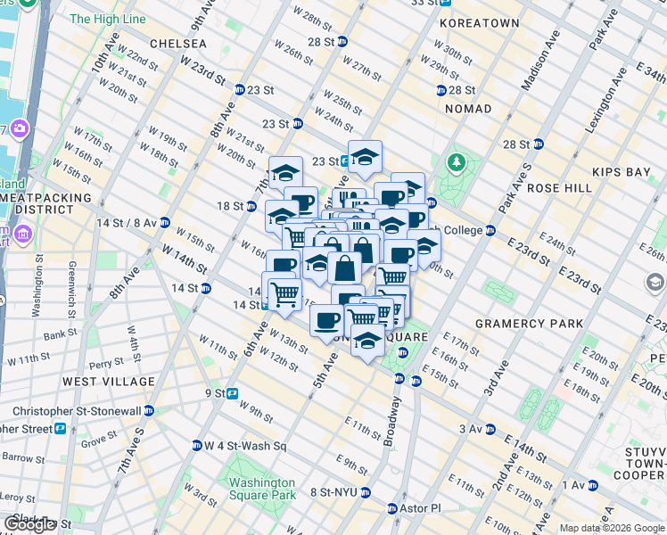 map of restaurants, bars, coffee shops, grocery stores, and more near 27 West 17th Street in New York