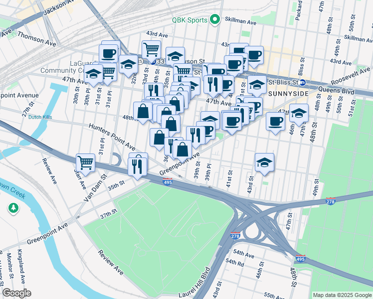 map of restaurants, bars, coffee shops, grocery stores, and more near 48-50 38th Street in Queens