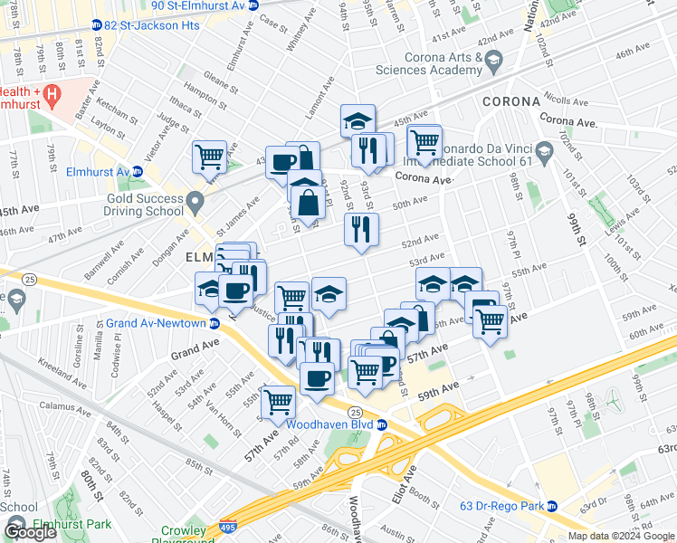 map of restaurants, bars, coffee shops, grocery stores, and more near 90-34 52nd Avenue in Queens