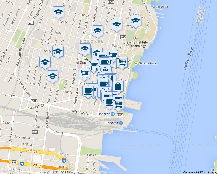 map of restaurants, bars, coffee shops, grocery stores, and more near 219 Court Street in Hoboken
