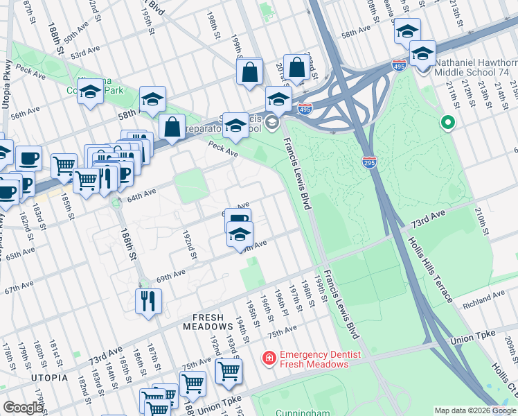 map of restaurants, bars, coffee shops, grocery stores, and more near 36 67th Avenue in Queens