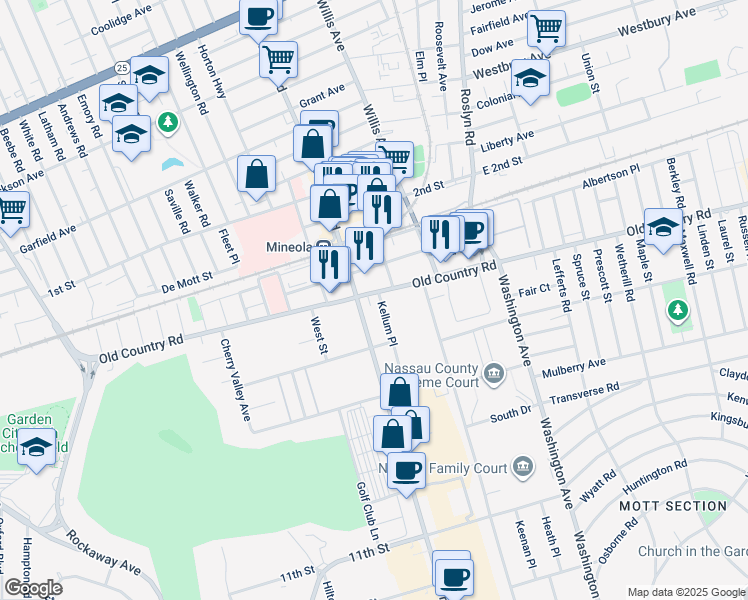 map of restaurants, bars, coffee shops, grocery stores, and more near 1551 Kellum Place in Mineola