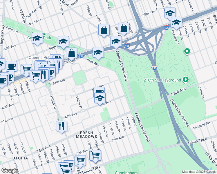 map of restaurants, bars, coffee shops, grocery stores, and more near 67-06 197th Street in Queens