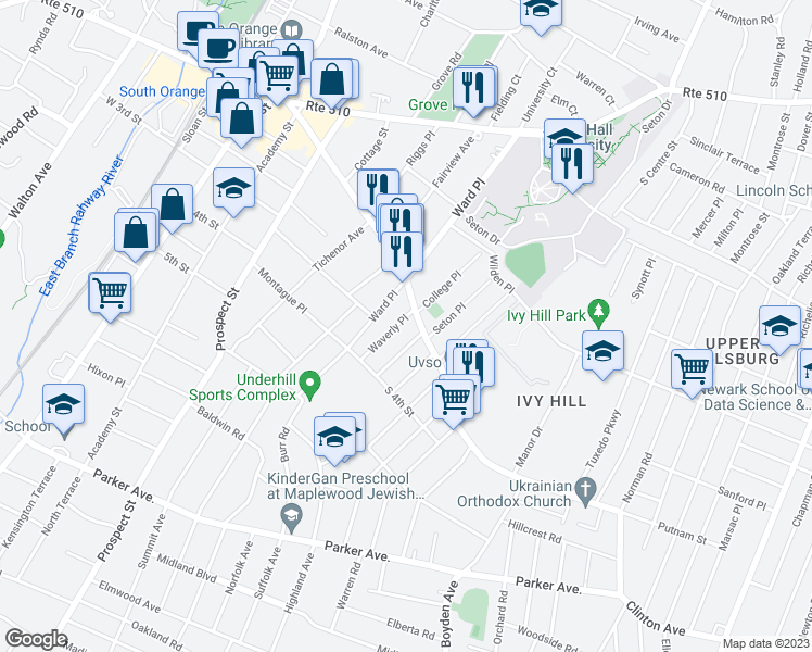 map of restaurants, bars, coffee shops, grocery stores, and more near 222 Waverly Place in South Orange