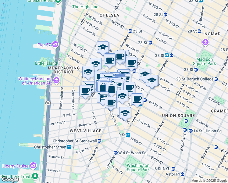 map of restaurants, bars, coffee shops, grocery stores, and more near 214 West 14th Street in New York