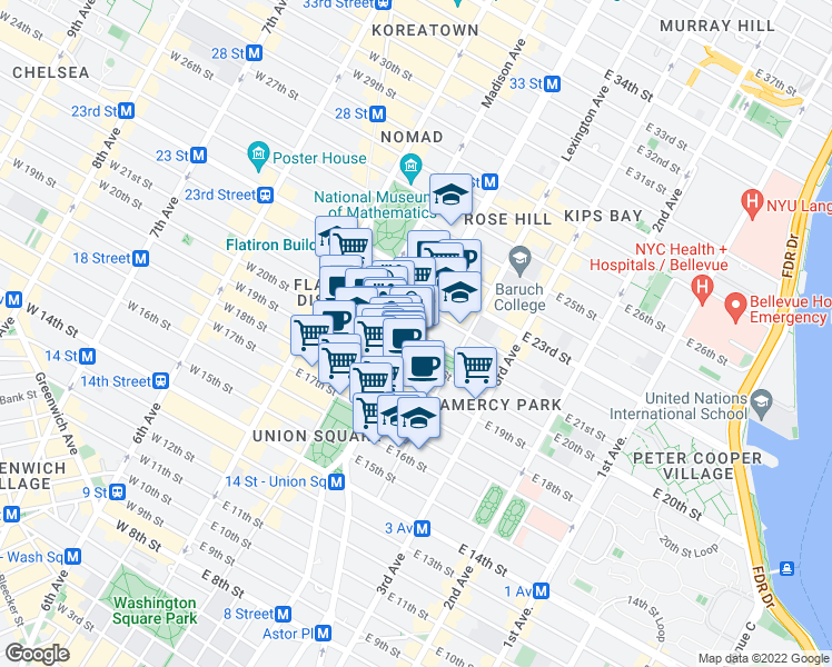 map of restaurants, bars, coffee shops, grocery stores, and more near Park Ave S & E 21st St in New York
