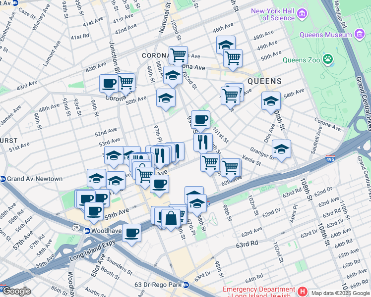 map of restaurants, bars, coffee shops, grocery stores, and more near 55-25 98th Place in Queens