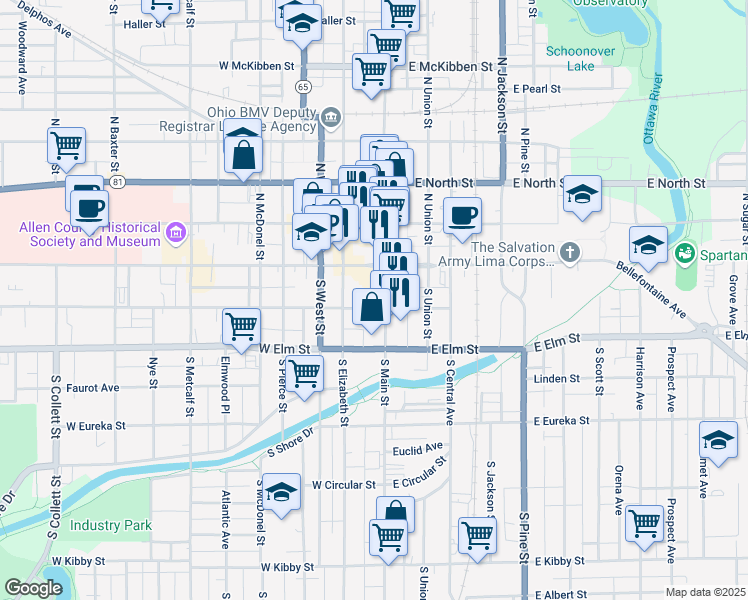 map of restaurants, bars, coffee shops, grocery stores, and more near 140 South Main Street in Lima