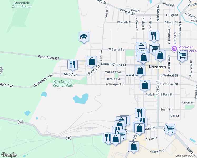 map of restaurants, bars, coffee shops, grocery stores, and more near 49 Ziegler Street in Nazareth