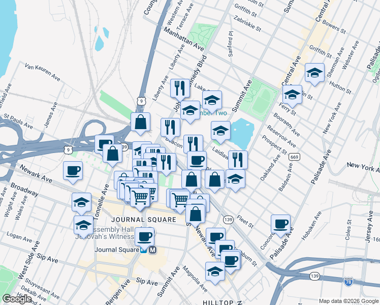 map of restaurants, bars, coffee shops, grocery stores, and more near 203 Hopkins Avenue in Jersey City