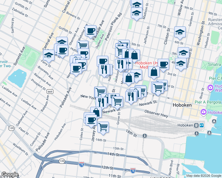 map of restaurants, bars, coffee shops, grocery stores, and more near 80 Jackson Street in Hoboken