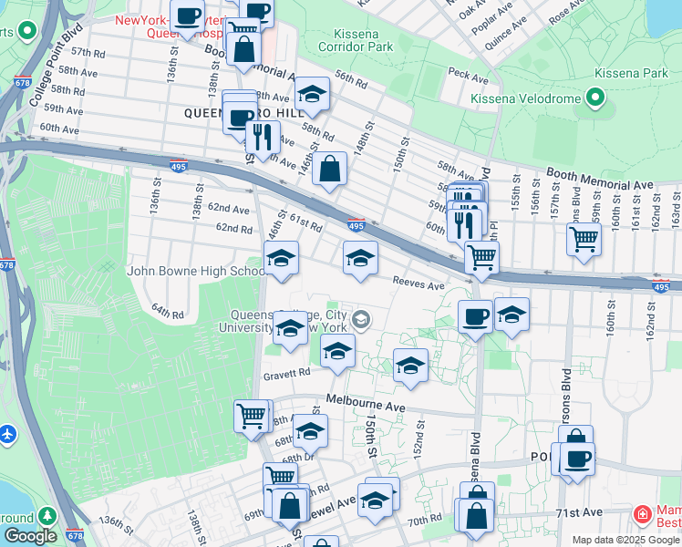 map of restaurants, bars, coffee shops, grocery stores, and more near 499 Reeves Avenue in Queens