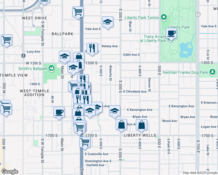 map of restaurants, bars, coffee shops, grocery stores, and more near 1418 Roberta Street in Salt Lake City