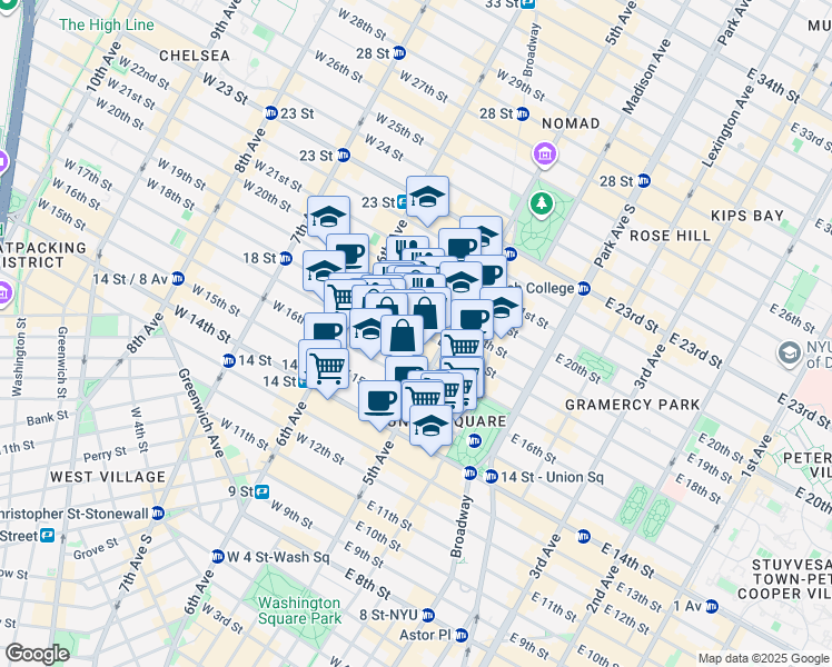 map of restaurants, bars, coffee shops, grocery stores, and more near 27 West 17th Street in New York