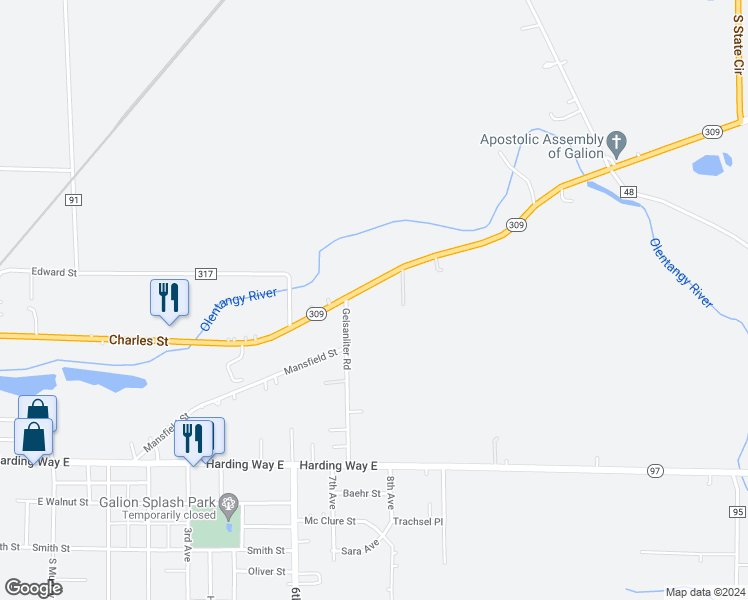 map of restaurants, bars, coffee shops, grocery stores, and more near 7459 Ohio 309 in Galion