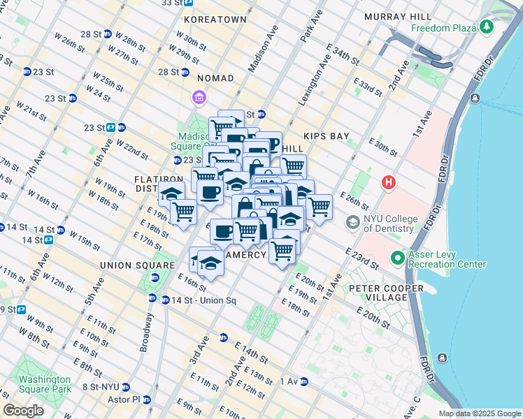 map of restaurants, bars, coffee shops, grocery stores, and more near 17 Lexington Avenue in New York