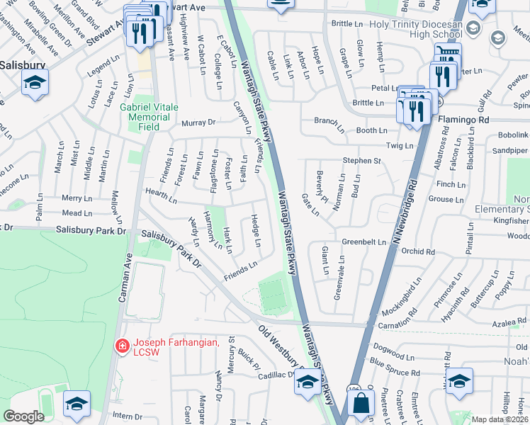 map of restaurants, bars, coffee shops, grocery stores, and more near 191 Friends Lane in Westbury