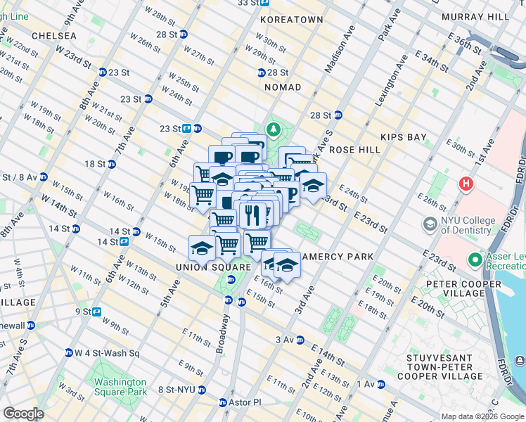 map of restaurants, bars, coffee shops, grocery stores, and more near 39 East 20th Street in New York