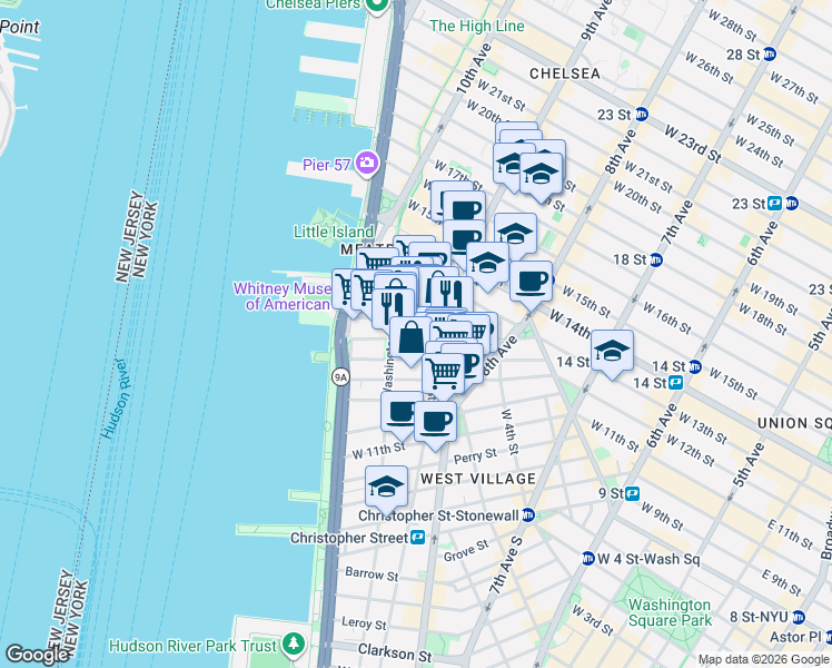map of restaurants, bars, coffee shops, grocery stores, and more near 842-846 Greenwich Street in New York