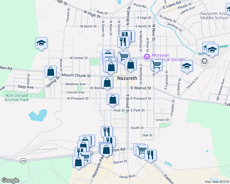 map of restaurants, bars, coffee shops, grocery stores, and more near 172 South Main Street in Nazareth