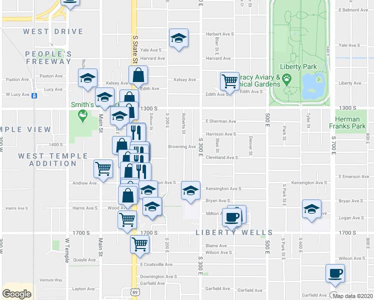 map of restaurants, bars, coffee shops, grocery stores, and more near 1437 Roberta Street in Salt Lake City