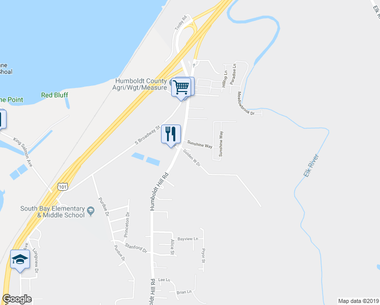 map of restaurants, bars, coffee shops, grocery stores, and more near 1520 Golden West Court in Eureka