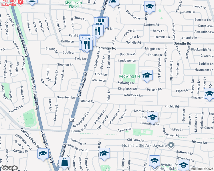map of restaurants, bars, coffee shops, grocery stores, and more near 2 Pintail Lane in Levittown
